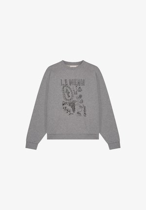 Grijze sweatshirt met lange mouwen, ronde halslijn, met zwarte lijntekeningen van voedingsmiddelen en de tekst "LE MENU" op de voorkant.