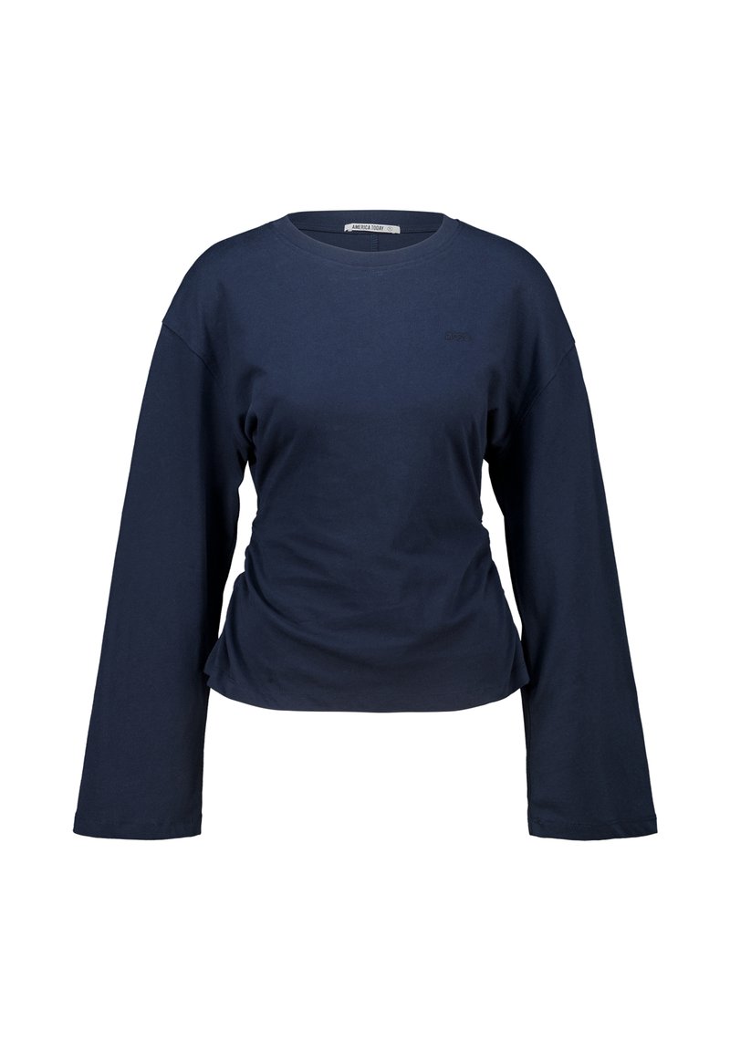 Navyblaues Langarmshirt aus weichem Baumwollstoff, mit runder Ausschnitt, lockerer Passform und gerafftem Saum.