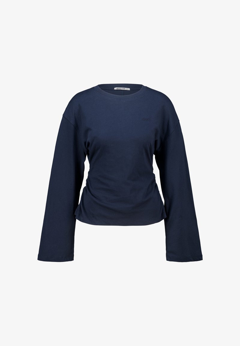 Navyblaues Langarmshirt aus weichem Baumwollstoff, mit runder Ausschnitt, lockerer Passform und gerafftem Saum.