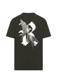 Černé bavlněné tričko s velkým bílým stylizovaným písmene 'R' a dvěma šedými ptáky, z nichž jeden je ve vzletu, na zádech.