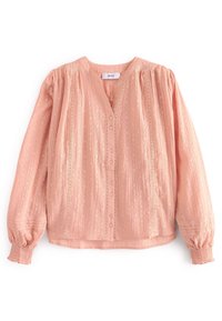 Blusa rosa, texturizzata, con scollo a V, frontale con bottoni e maniche arricciate. Presenta una raffinata cucitura lungo il davanti e i polsini.