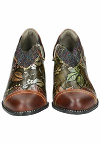 Stivali alla caviglia in pelle colorati con motivo floreale, punta in brown, e cinturini glitterati multicolore. Suola robusta con cuciture decorative.