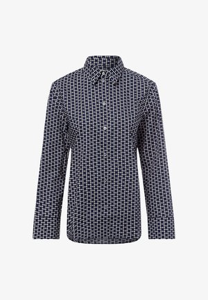 Navy blue button-up shirt with a geometric white pattern, long sleeves, and a classic collar. Made from lightweight fabric.