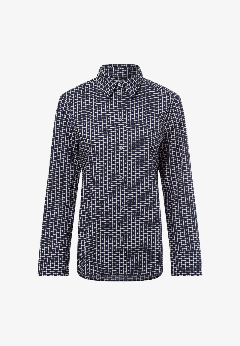 Chemise bleu marine à boutons avec un motif géométrique blanc, manches longues et col classique. Fabriquée en tissu léger.
