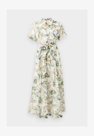 Robe longue à manches courtes avec boutonnière à l'avant, col, ceinture à la taille, et motif abstrait de feuilles vertes, brunes et bleues sur tissu blanc.
