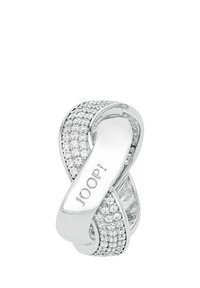 Anillo de plata con un diseño entrelazado, adornado con pequeños cristales transparentes y grabado con "JOOP!" en una banda suave.