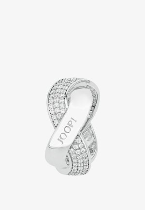 Silberring mit einem verflochtenen Design, verziert mit kleinen klaren Kristallen und graviert mit "JOOP!" auf einem glatten Band.