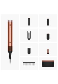 Asciugacapelli con una elegante scocca in rame, accessori neri comprendono vari strumenti per lo styling e una base texturizzata. Fornito con una custodia nera e rame.