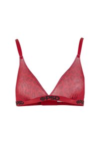 Red mesh bra with a leopard print design, featuring adjustable straps and a black branded underband. Smooth texture and triangular shape.