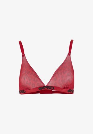 Rode mesh bh met een luipaardprintontwerp, voorzien van verstelbare bandjes en een zwarte merkband onderaan. Gladde textuur en driehoekige vorm.