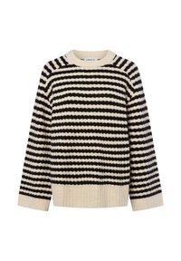 Knit sweater with a crew neckline, featuring alternating black and cream horizontal stripes, long sleeves, and ribbed hem.