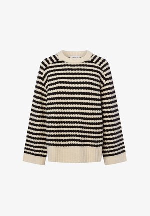 Knit sweater with a crew neckline, featuring alternating black and cream horizontal stripes, long sleeves, and ribbed hem.