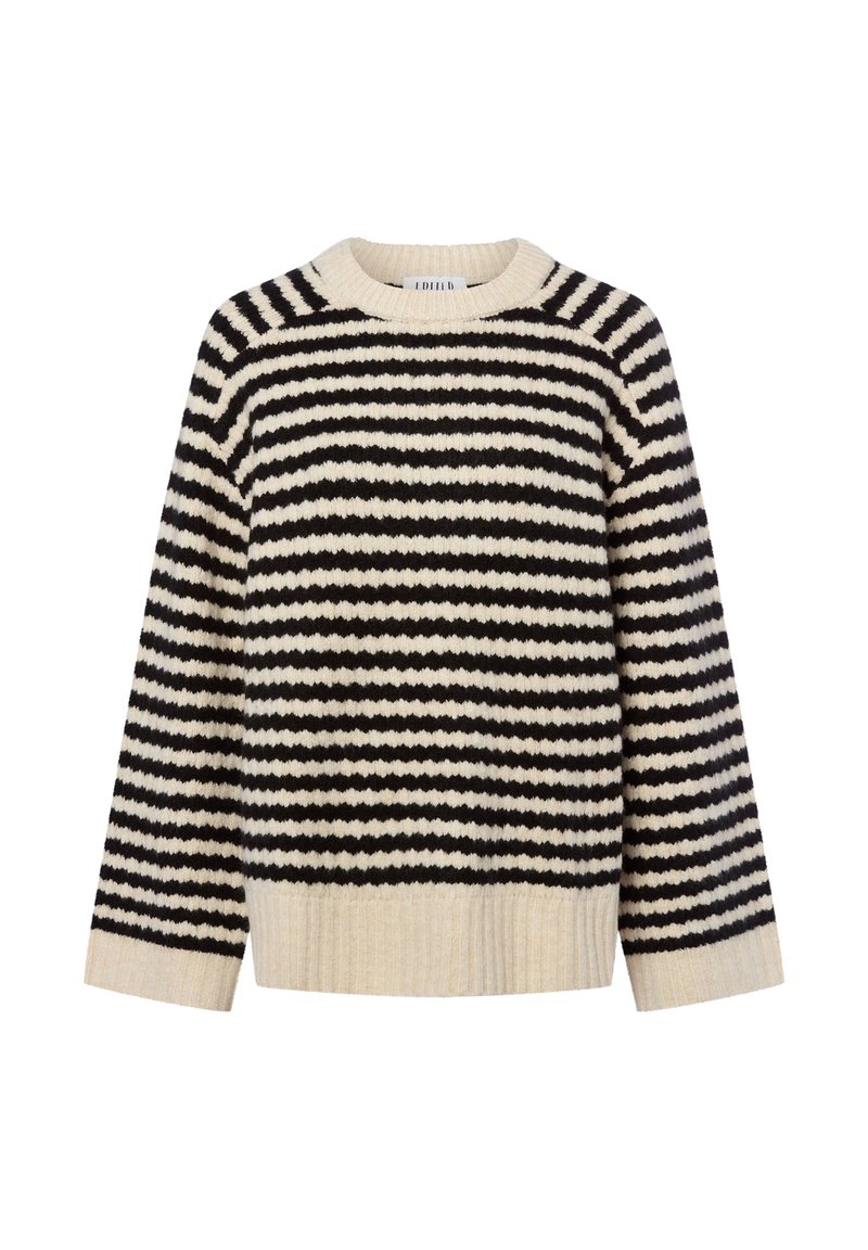 Knit sweater with a crew neckline, featuring alternating black and cream horizontal stripes, long sleeves, and ribbed hem.