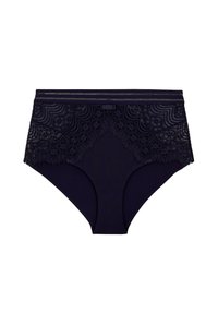 Culotte taille haute bleu marine en tissu doux, avec des détails en dentelle ornés sur les côtés et une taille lisse.