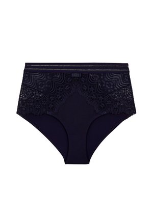 Culotte taille haute bleu marine en tissu doux, avec des détails en dentelle ornés sur les côtés et une taille lisse.