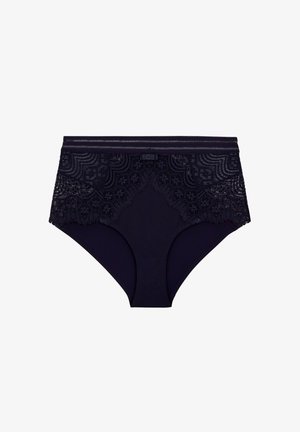Culotte taille haute bleu marine en tissu doux, avec des détails en dentelle ornés sur les côtés et une taille lisse.