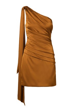 En-skulder kjole i afdæmpet bronze satin, med elegant drapering og justerbart bånddetalje på skulderen, med en slank pasform.