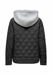 Veste matelassée noire à motif losange, dotée d'une capuche grise. Le matériau semble lisse avec des coutures visibles et une coupe décontractée.