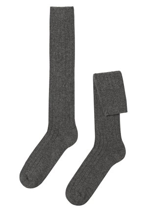 Gray ribbed knee-high socks made of soft material, featuring a fitted design and smooth texture with a straight top edge.