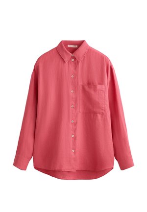 Roze overhemd met knoopsluiting van gestructureerde stof. Bevat een kraag, lange mouwen en een linker borstzak. De knopen zijn licht van kleur.