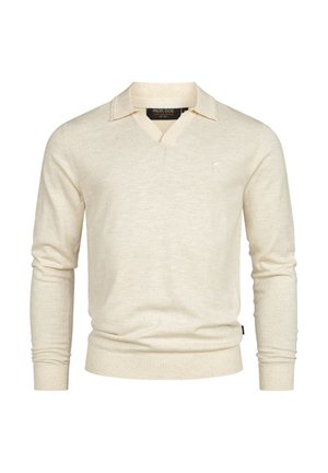 Cream-colored knitted sweater with a V-neck and structured collar. Features ribbed cuffs and hem, made from soft, textured fabric.
