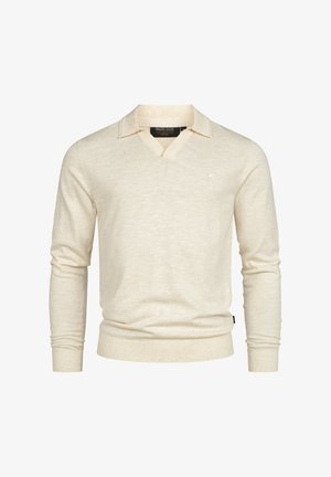 Crème-kleurige gebreide trui met een V-hals en gestructureerde kraag. Heeft ribgebreide manchetten en zoom, gemaakt van een zachte, textuurlijke stof.
