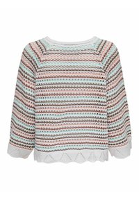 Pull en tricot avec des rayures horizontales dans des couleurs pastel, présentant un motif texturé, des manches larges et un ourlet festonné.