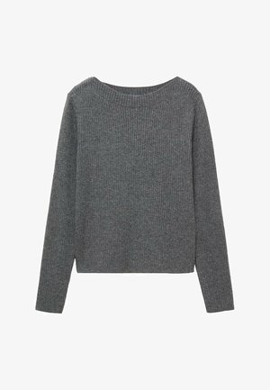 Grijze geribde sweater met lange mouwen en een ronde hals; gemaakt van zachte breigoed met een textuurafwerking.
