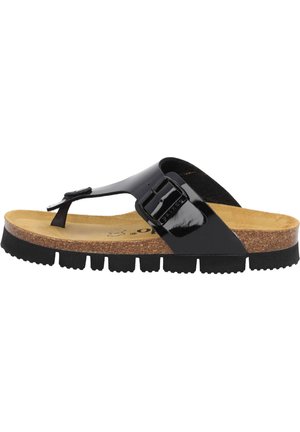 Sort laklæder tanga sandal med justerbar spænde, korksål og tyk sort gummisål med dybe rillemønstre.
