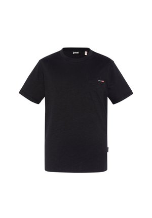 T-shirt nero a maniche corte con colletto rotondo, tasca sul lato sinistro del petto e un piccolo logo sulla cucitura laterale. Tessuto morbido.