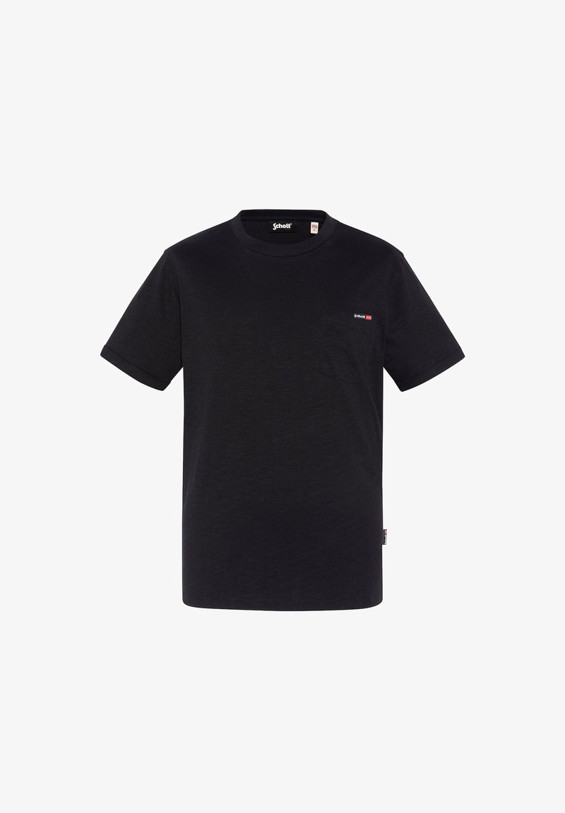 Czarna koszulka z krótkim rękawem, z okrągłym dekoltem, kieszenią na lewej piersi oraz małą metką z logo na bocznej szwie. Miękka tekstura materiału.