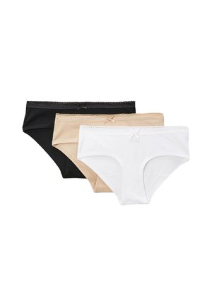 Trois culottes bikini pour femmes en noir, beige et blanc, chacune avec un petit nœud et un bord festonné à la taille.