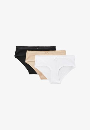 Trois culottes bikini pour femmes en noir, beige et blanc, chacune avec un petit nœud et un bord festonné à la taille.
