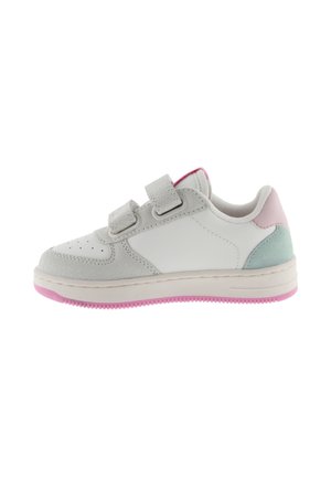 Gray and white sneaker with a textured finish, featuring two velcro straps, a pink rubber sole, and pastel accents on the heel.