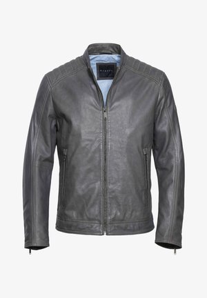 Harmaa nahkatakki, jossa on vetoketju edessä, urheilulliset olkaosuudet ja sivutaskut. Silkkinen pinta ja minimalistinen muotoilu.