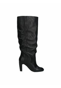 Bottes noires en cuir hautes jusqu'au genou avec une texture lisse, un design flou, et un talon carré, dotées d'un bout arrondi et de coutures minimes visibles.