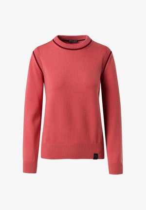Maglione corallo realizzato in morbido tessuto a maglia, con un collo a girocollo a costine, maniche con polsini e accenti bordeaux a contrasto lungo le spalle.