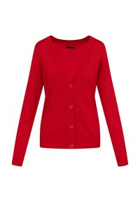 Cardigan rosso a maglia con maniche lunghe, scollo a V e bottoni a forma di cuore. Texture liscia, silhouette aderente e dettaglio a costine sull'orlo.