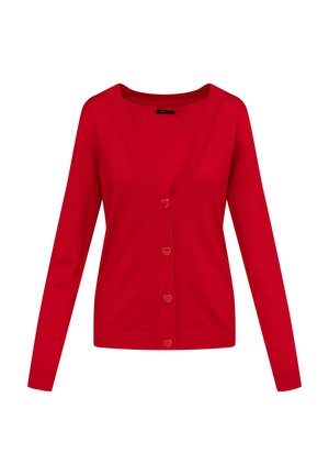 Rode gebreide cardigan met lange mouwen, V-hals en hartvormige knopen. Gladde textuur, aansluitende silhoutte en geribbelde onderrand.