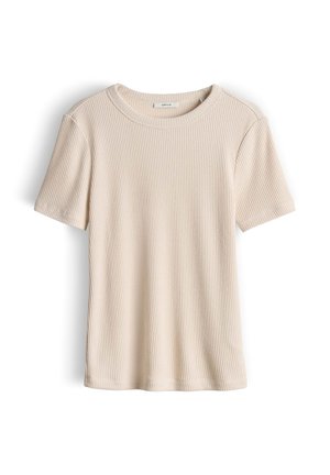 T-shirt a maniche corte beige in maglia a costine con scollo rotondo, distesa su uno sfondo bianco.