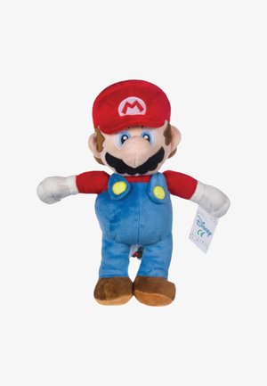 Pluche speelgoed van een personage met een rode hoed, blauwe overall en bruine schoenen. Kenmerken zijn onder andere een gedetailleerde gezichtsuitdrukking en stoftexturen.