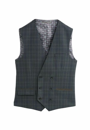 Ärmellose graue Karoveste mit doppelter Knopfleiste, zwei Taschen und einem gefütterten Innenfutter mit einem Muster aus roten und blauen Rauten.