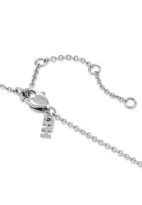 Silverfärgad kedjehalsband med hjärtformad karbinhake märkt "STEEL" och en liten rektangulär charm fäst nära karbinhaken.