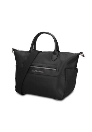 Sac à main structuré noir avec poignées supérieures, poche avant zippée, poches latérales et bandoulière réglable sur fond blanc.