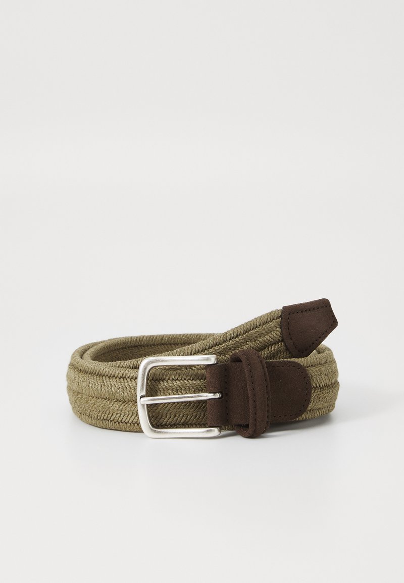 Woven olive green belt with a silver metal buckle and brown suede accents. Features a textured design and a loop for securing.