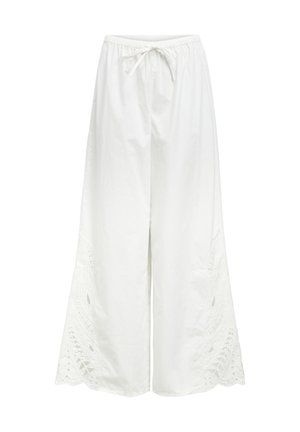 Λευκό παντελόνι με φαρδύ πόδι, ελαστική μέση και κορδόνι, με σχέδια δαντέλας κοντά στο κάτω τελείωμα και στα δύο πόδια.