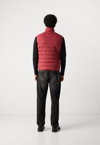 Gilet imbottito rosso con trapuntatura e colletto alto, abbinato a pantaloni scuri. Texture liscia e design semplice, indossato sopra una maglietta a maniche lunghe.