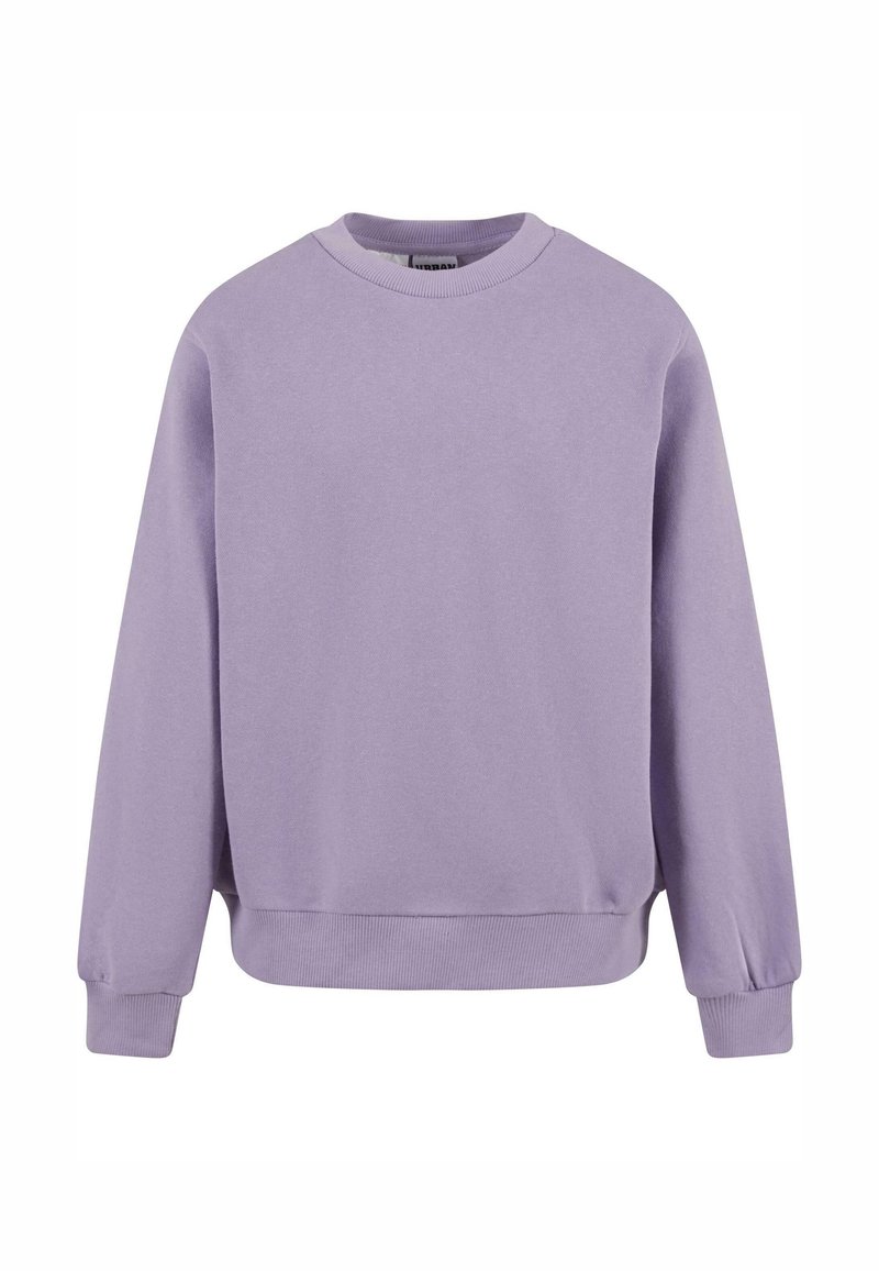 Sweat-shirt à col rond de couleur violet clair, manches longues avec poignets et ourlet côtelés, uni et sans logos ni motifs visibles.