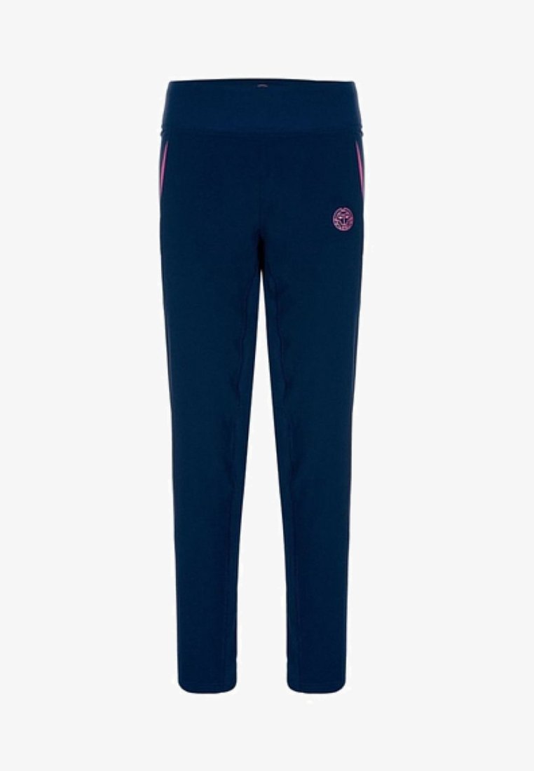 Marinblå joggingsbyxor med en åtsittande design, som har en bred midja och rosa sidodetaljer. Inkluderar en logotyp på vänster lår.