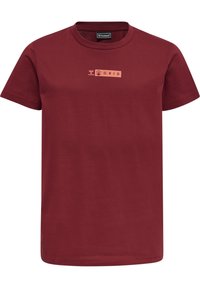 Bordeaux katoenen t-shirt met een klein oranje "GRID" logo op de borst, korte mouwen en een klassiek ronde hals ontwerp.